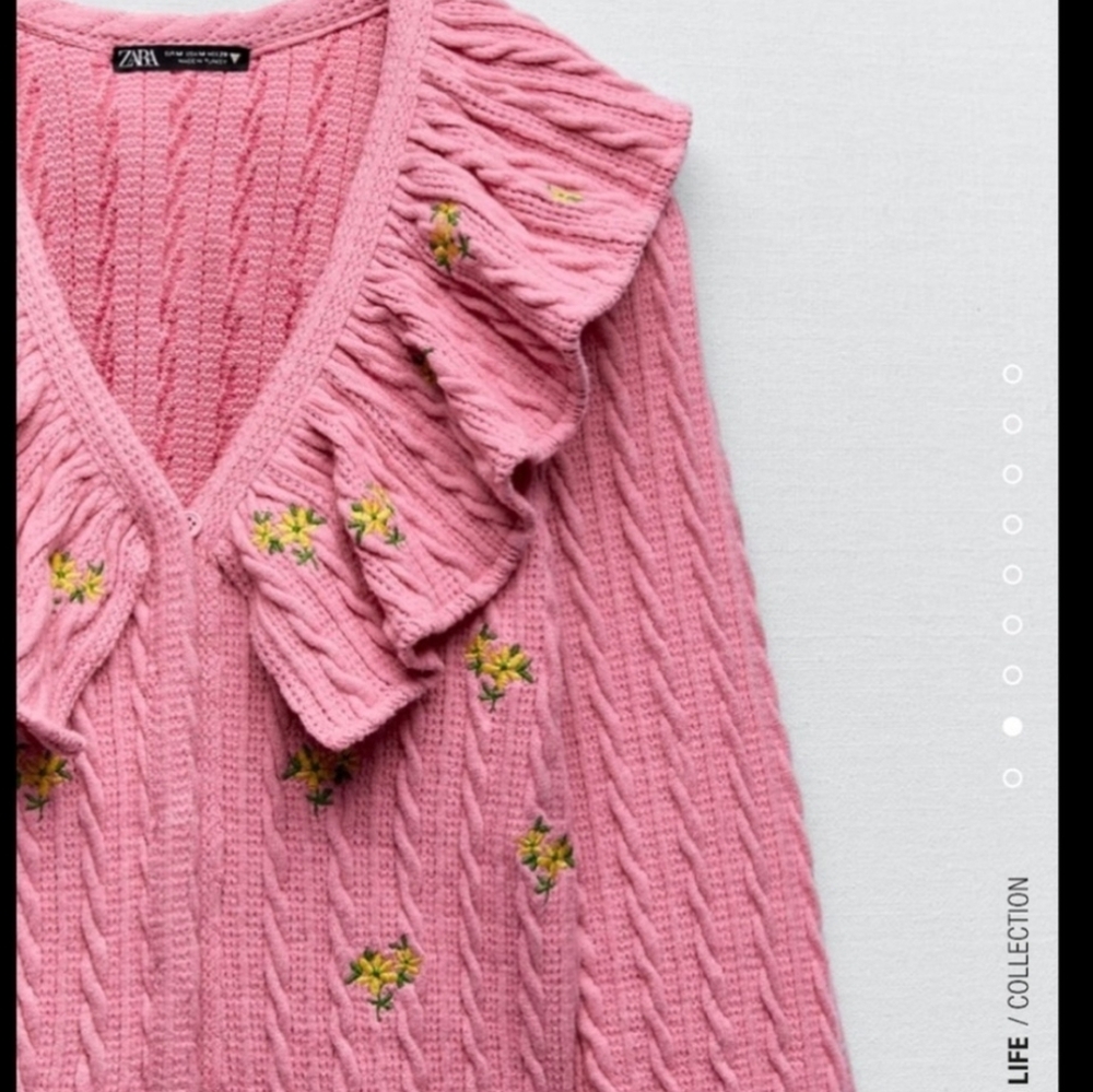 ZARA Ruffle Front Cable Knit Cropped Cardigan Pink Embroidered Floral RARE NWT - Picture 2 of 9